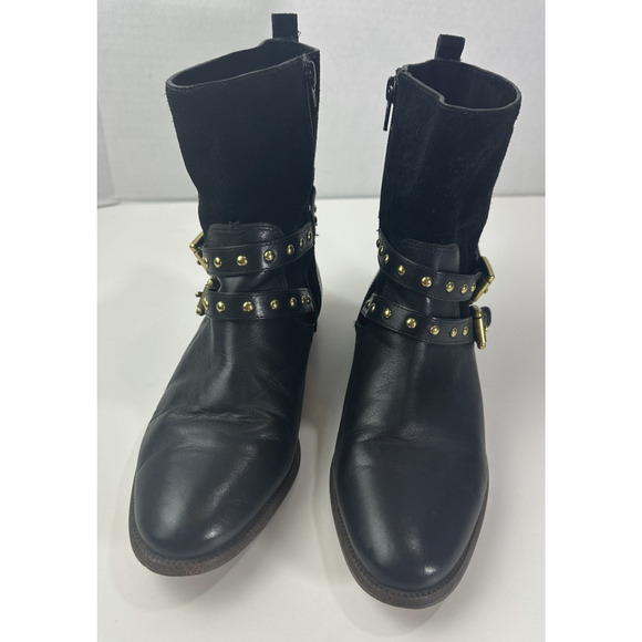 Coach Lilliana Leather Ankle Moto Boots Size 7.5 B Gold Studded Buckle Shoes - Picture 12 of 16